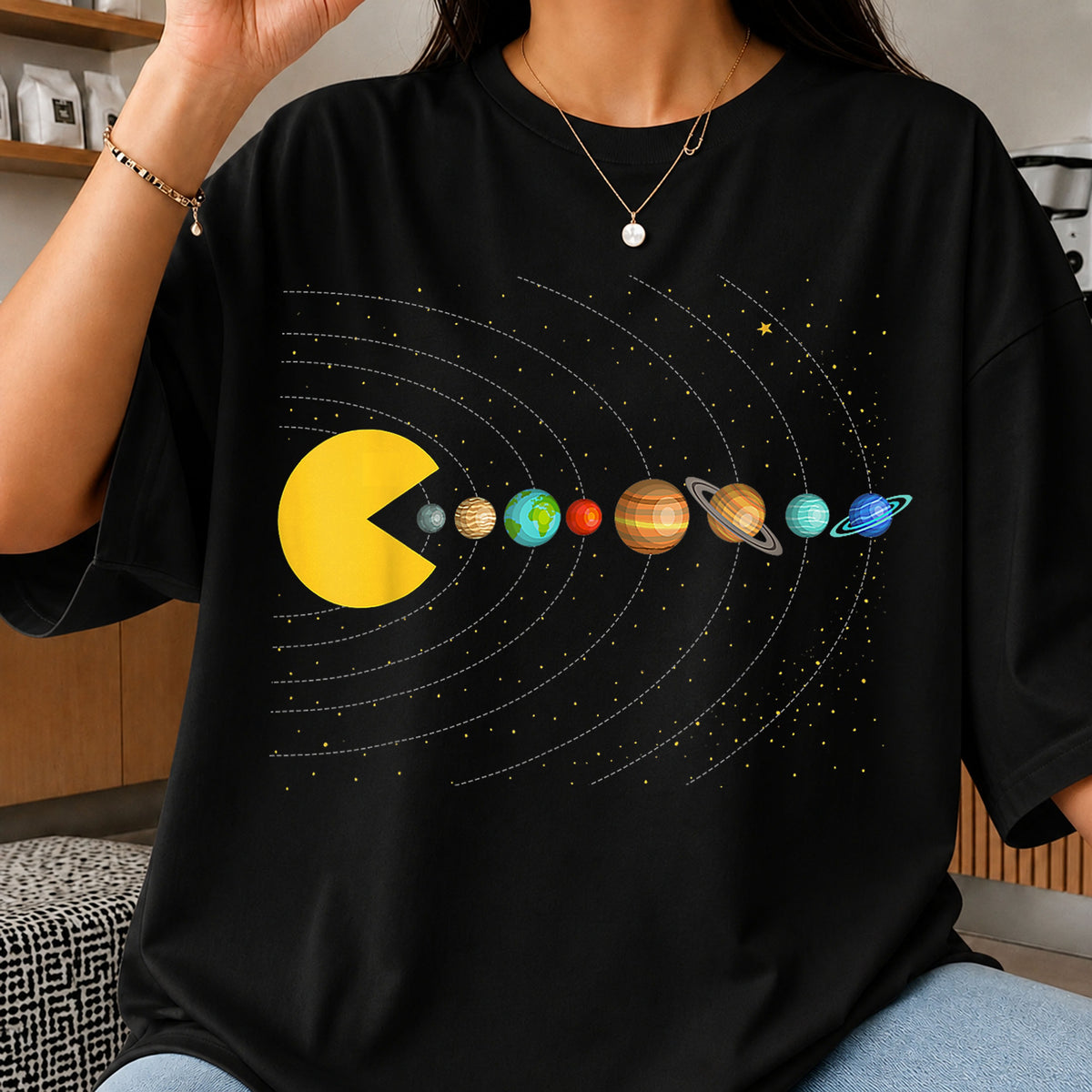 Pac-Man Eating Solar System Planets Space Funny PNG
