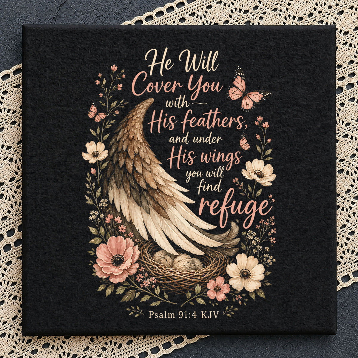 Psalm 91 4 Bible Verse PNG, Christian Scripture PNG, Angel Wing Floral PNG