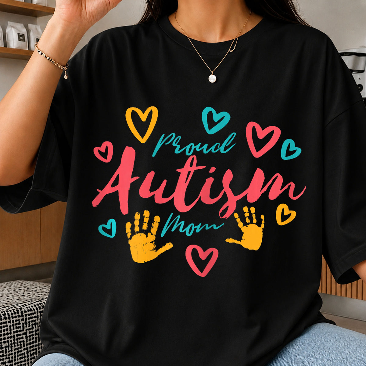 Proud Autism Mom PNG, Colorful Hearts Handprint Design