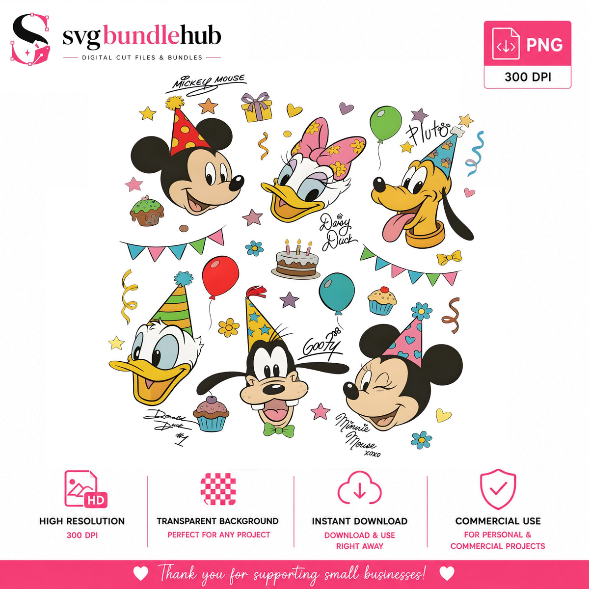 Mickey Friends Birthday Hats PNG, Birthday Squad PNG, Signature PNG