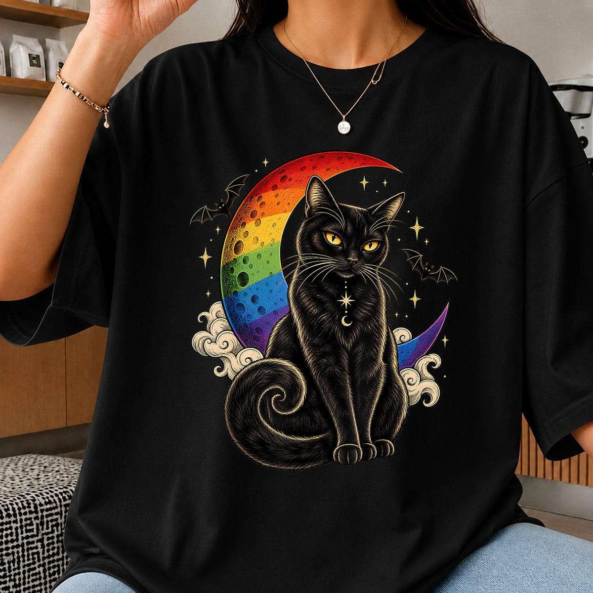 Black Cat Rainbow Moon Bats Celestial Spooky PNG