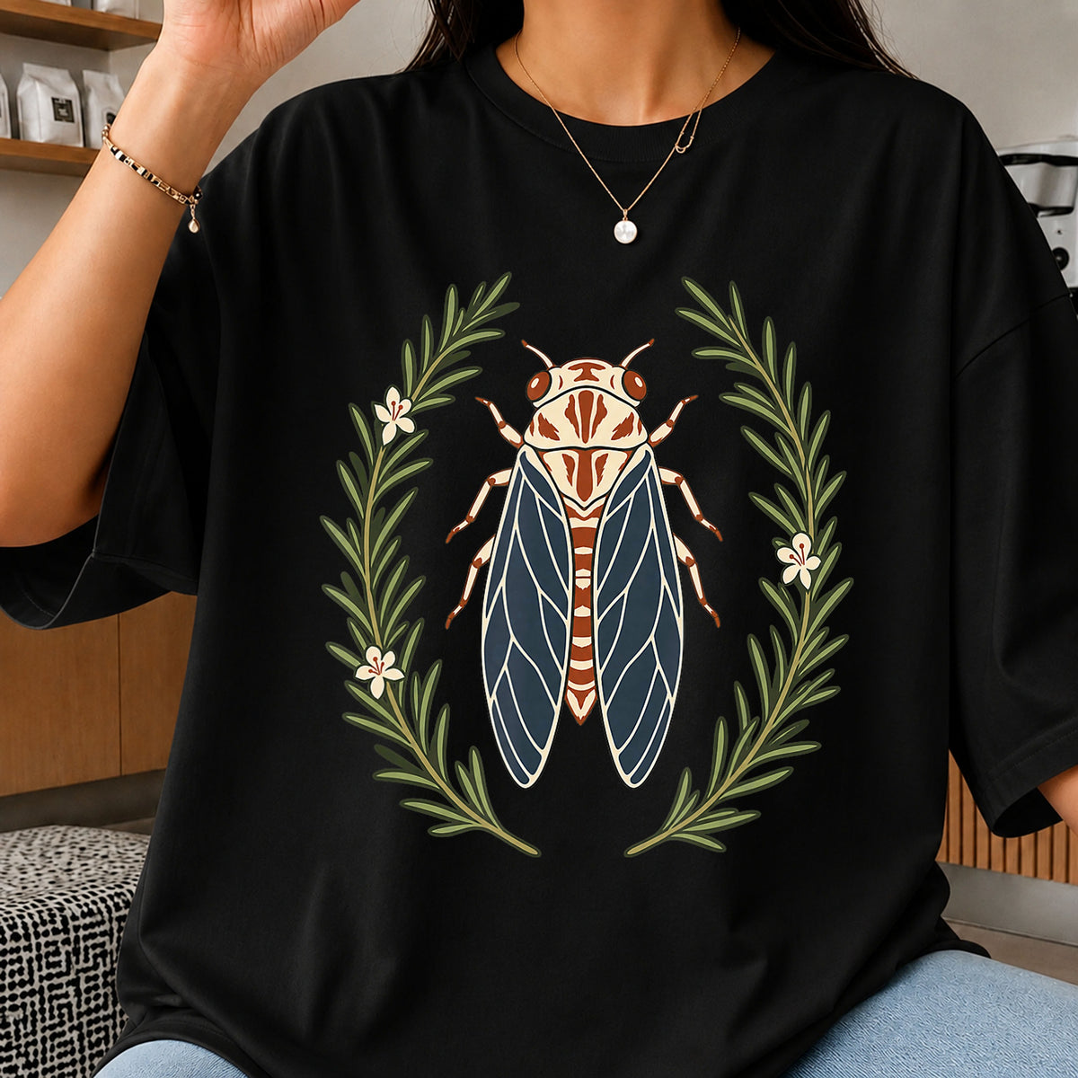 Floral Cicada Wreath Botanical Insect Art PNG