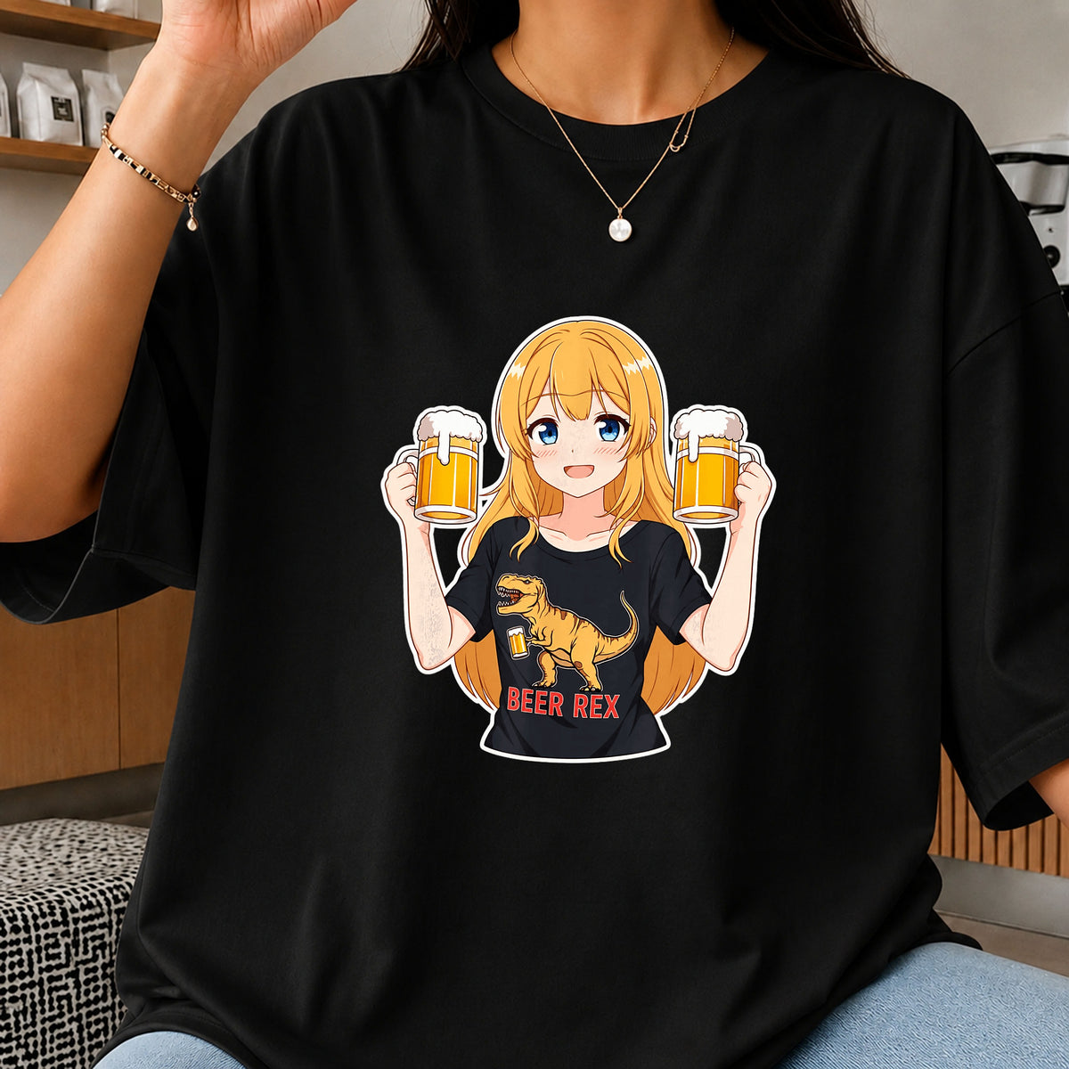Anime Girl Beer Rex Dinosaur Drinking Clipart Art PNG