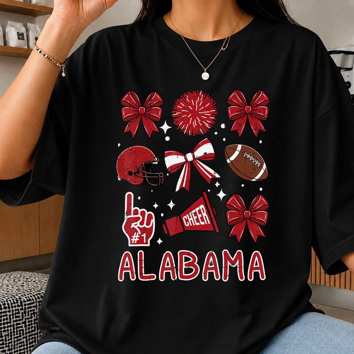 Alabama Coquette Football Cheer Bow Pom Pom PNG