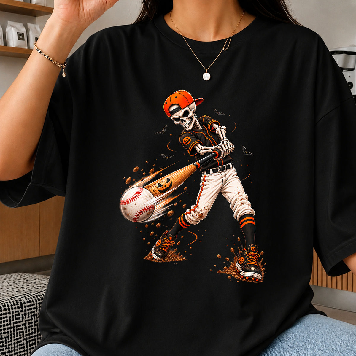Halloween Skeleton Baseball Batter Pumpkin Bat PNG