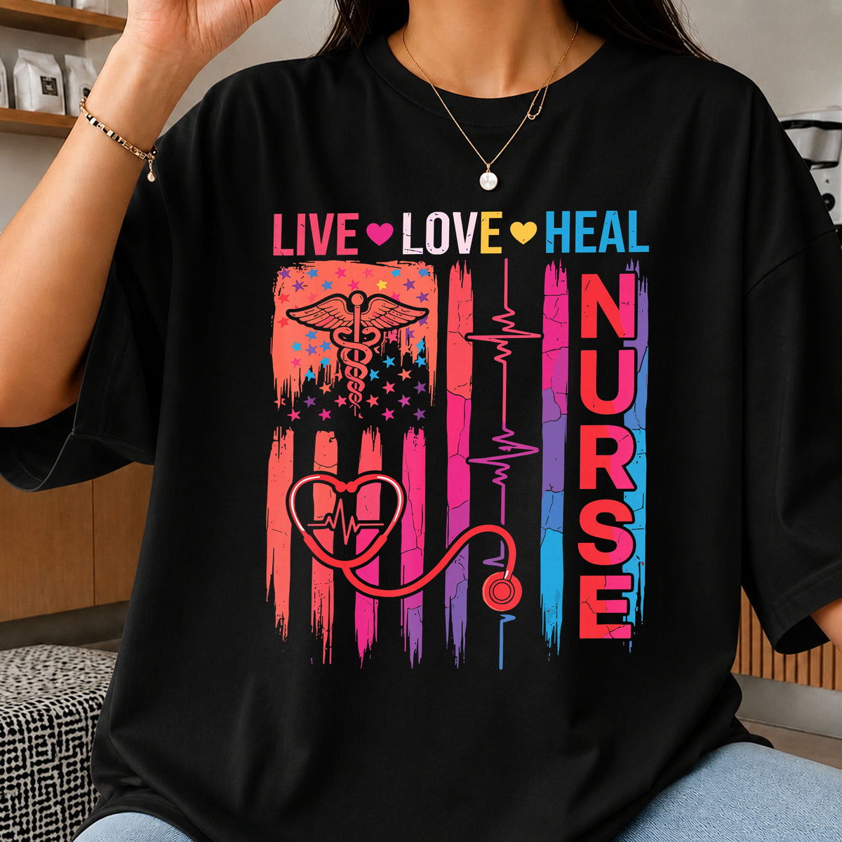 Live Love Heal Nurse American Flag Stethoscope PNG
