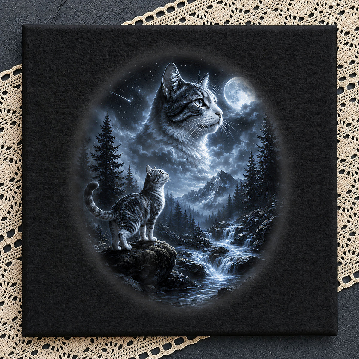 Mystical Cat Moon Waterfall Night Scene, Dark Forest Mountain River