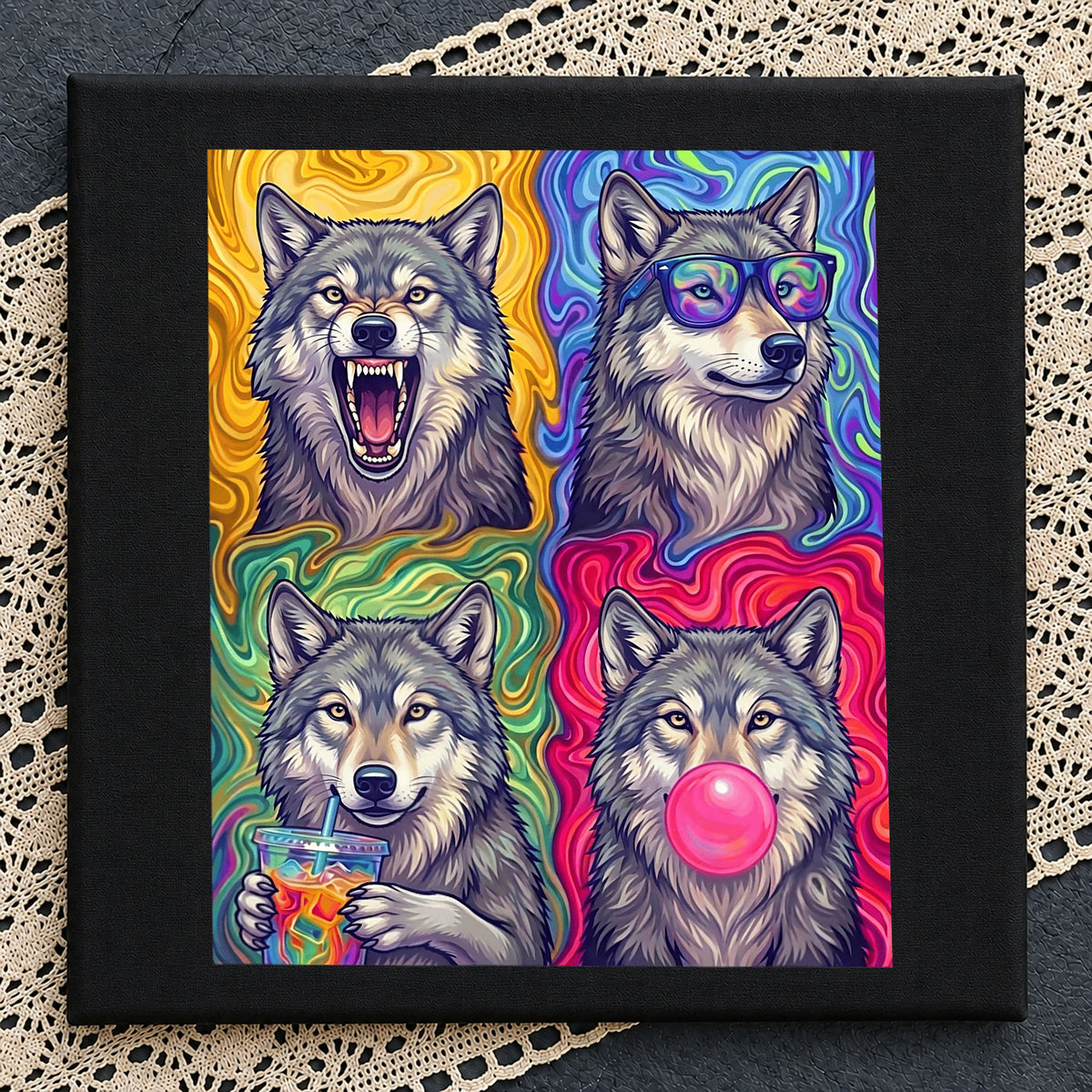 Colorful Wolf Pop Art Grid Clipart, Four Poses Bubblegum Sunglasses