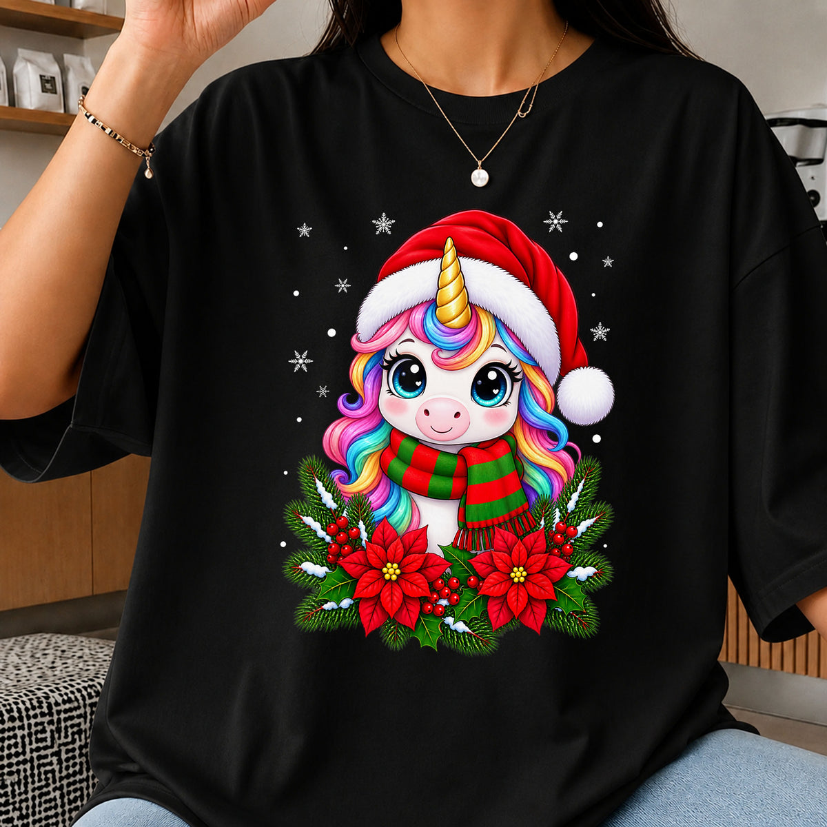 Christmas Unicorn Santa Hat Poinsettia Holiday PNG