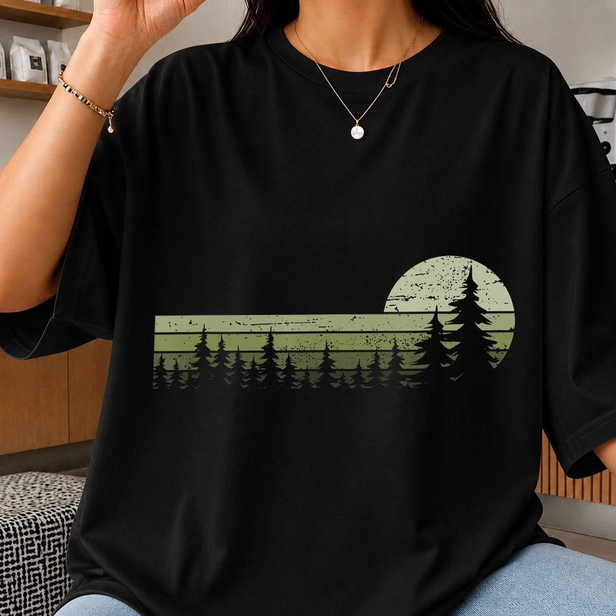 Retro Pine Trees Forest Moon Landscape Clipart PNG