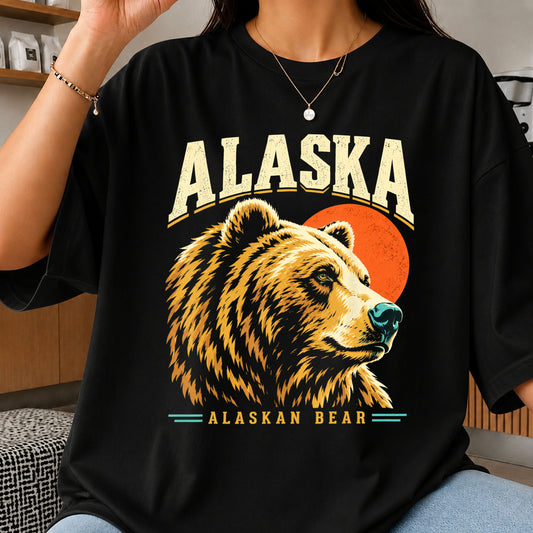 Alaska Grizzly Bear Retro Sunset PNG, Wildlife Clipart