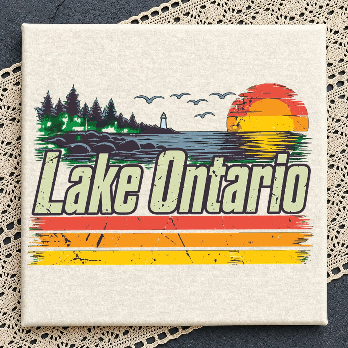 Lake Ontario Retro Sunset Lighthouse Scenic Clipart SVG