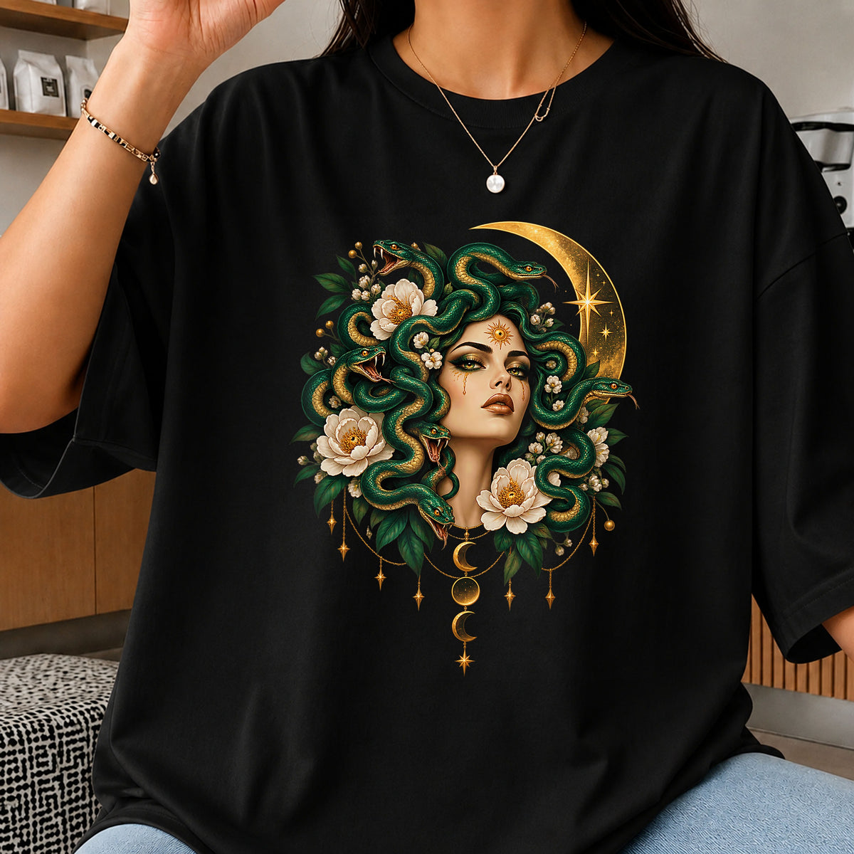Medusa Floral Snake Moon Goddess Celestial Art PNG