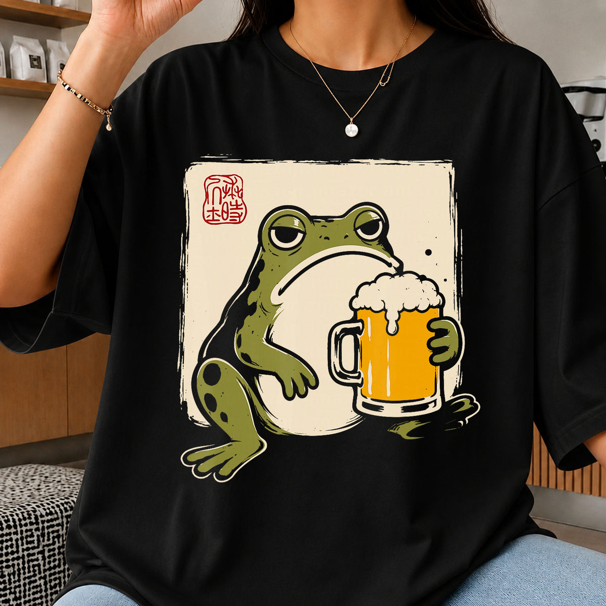 Grumpy Frog Drinking Beer Japanese Art Style PNG