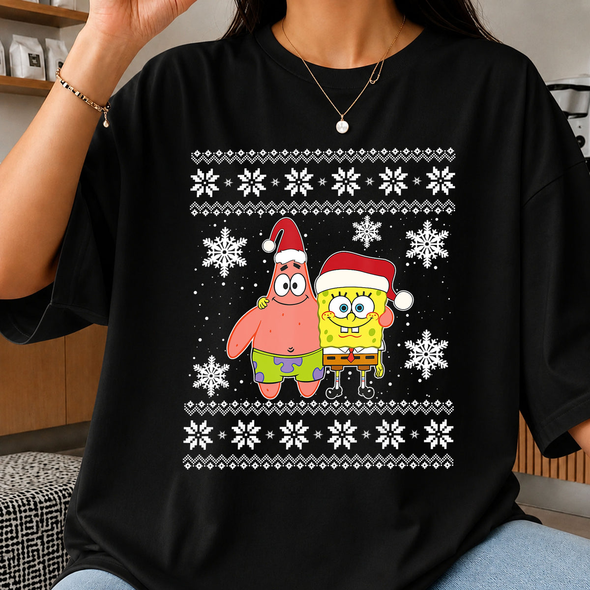 SpongeBob Patrick Santa Hat Christmas Ugly Sweater Print PNG