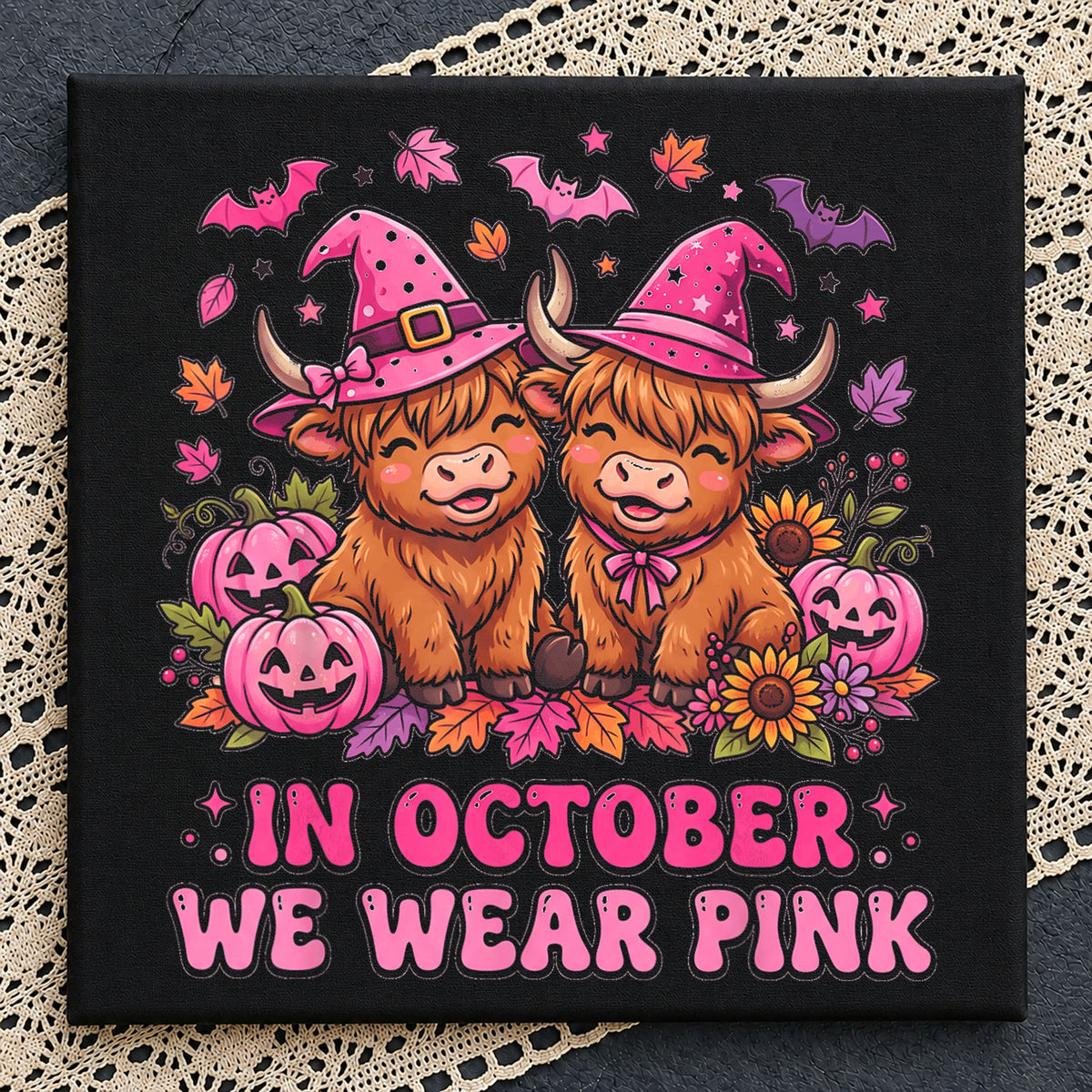 Highland Cow Witch Duo In October We Wear Pink, Pumpkin Bat Sunflower
