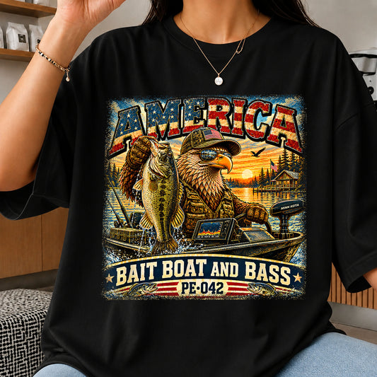 America Bait Boat And Bass Eagle Fishing Patriotic PNG