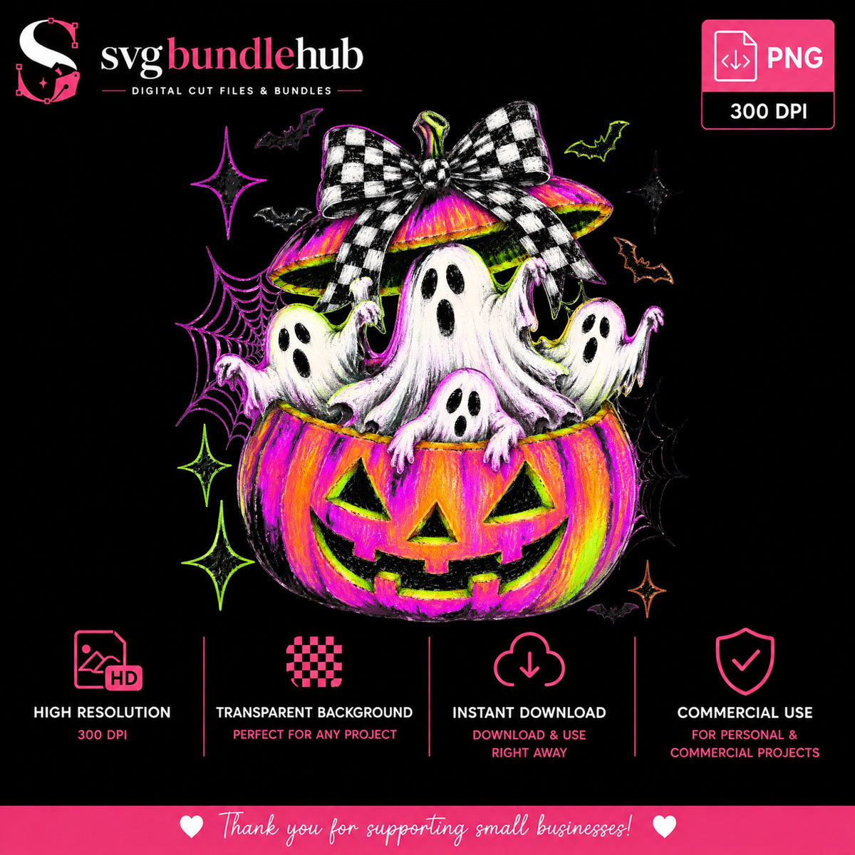 Ghosts In Neon Pumpkin PNG, Checkered Bow Halloween PNG, Pink PNG