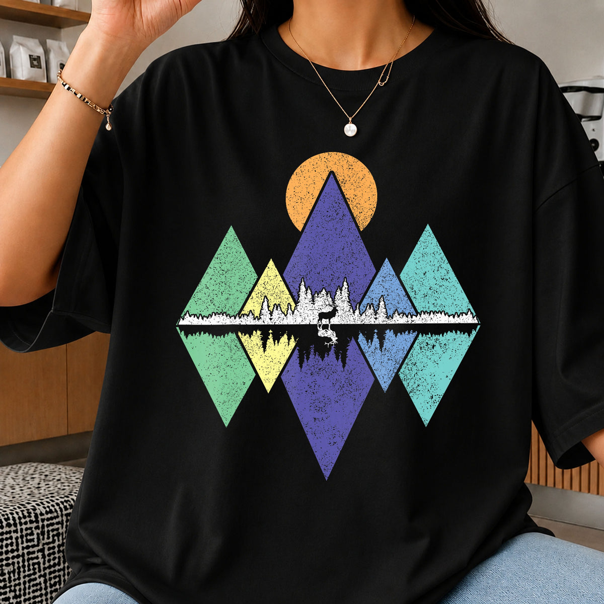 Geometric Mountain Deer Reflection Retro Sunset PNG