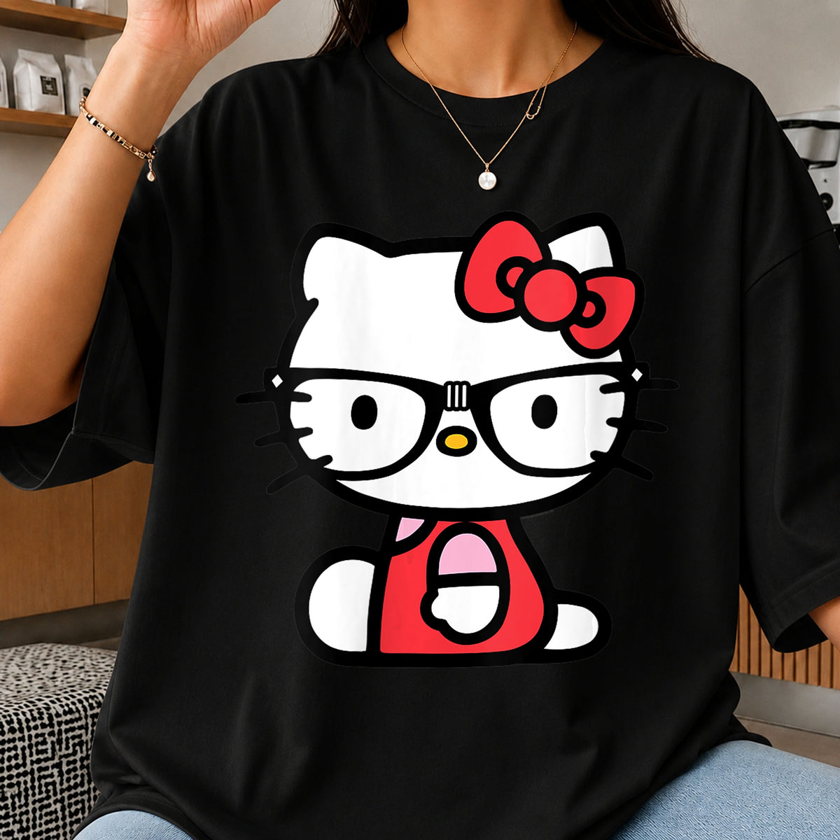 Hello Kitty Nerd Glasses Sitting Red Bow Sanrio PNG