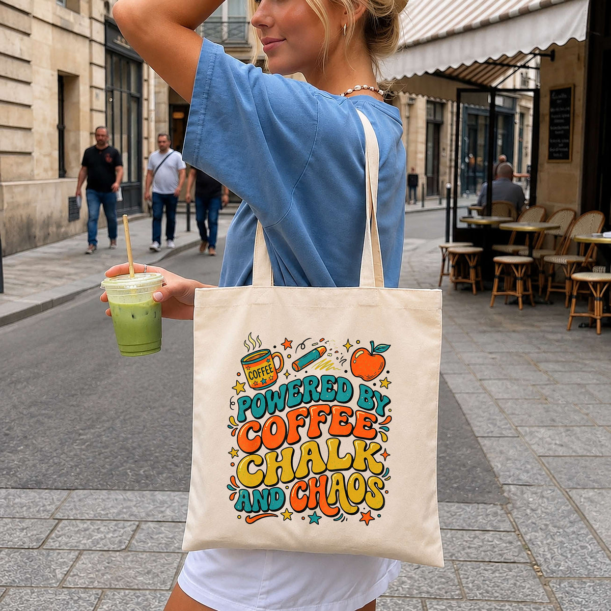 Powered By Coffee Chalk And Chaos Teacher Quote, Retro Groovy Apple