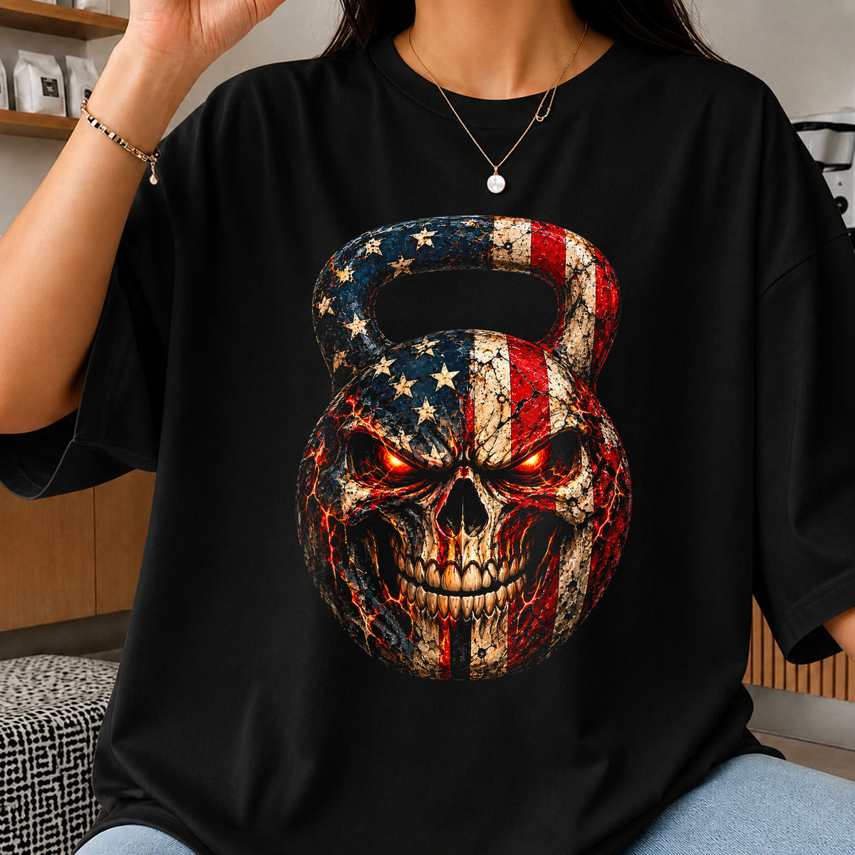Skull Kettlebell American Flag PNG, Patriotic Gym Clipart v2