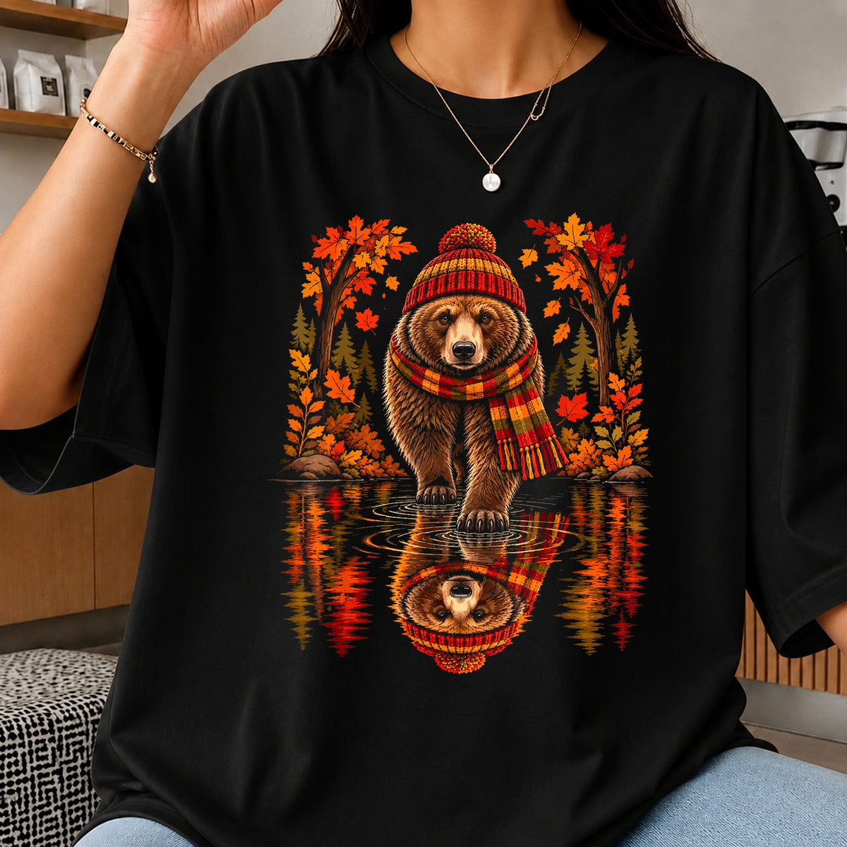 Autumn Bear Cozy Scarf Fall Reflection Forest PNG