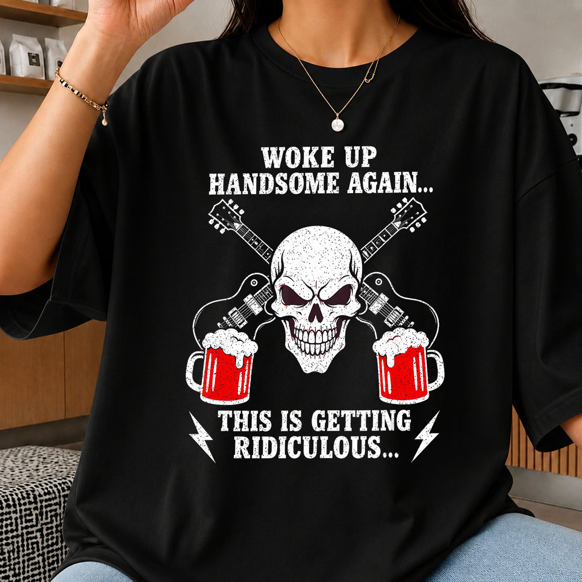 Woke Up Handsome Again Skull Guitar Beer Mugs PNG