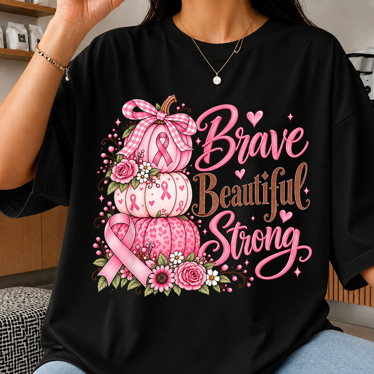 Brave Beautiful Strong Pumpkin Breast Cancer Awareness PNG
