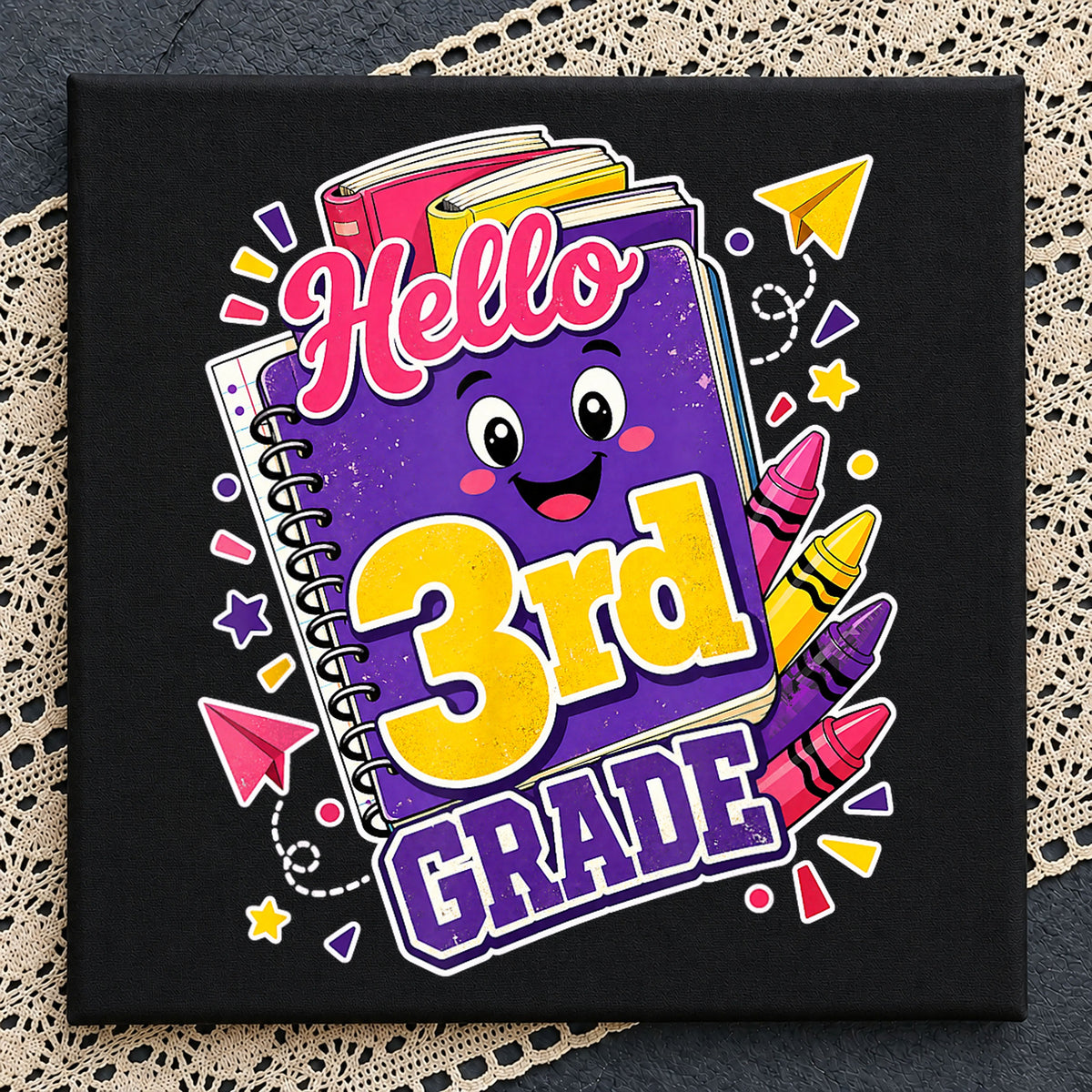Hello 3rd Grade Cute Book Mascot Clipart, Yellow Text Crayons Stars