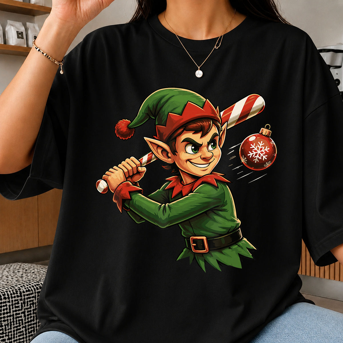 Christmas Elf Swinging Candy Cane Bat Ornament PNG