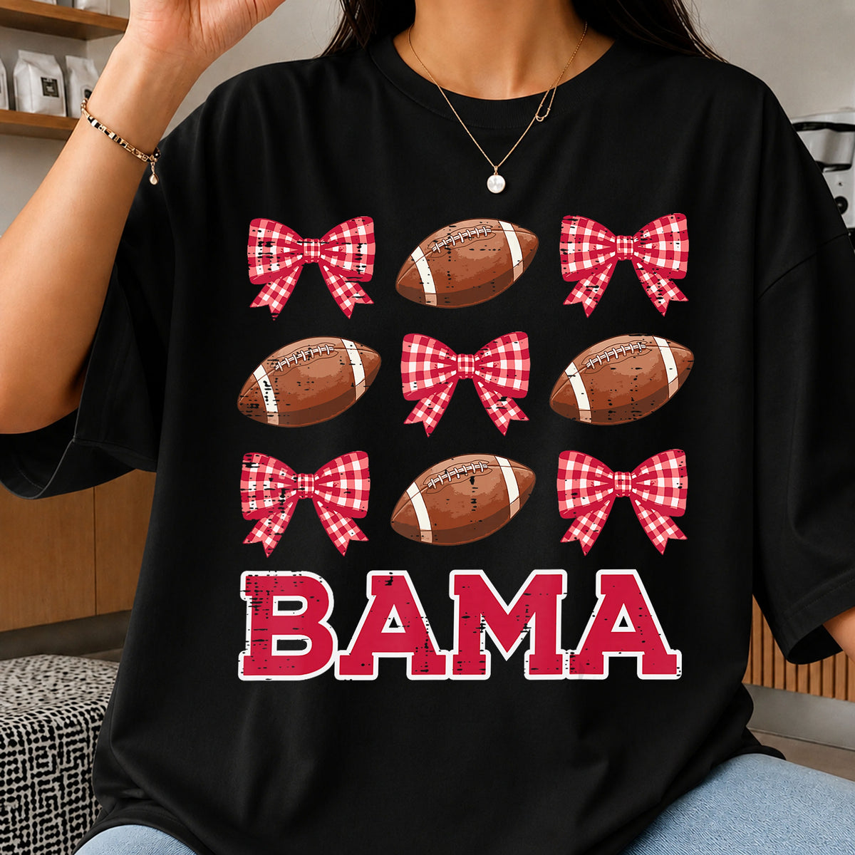 Bama Football Coquette Bow Plaid Crimson PNG