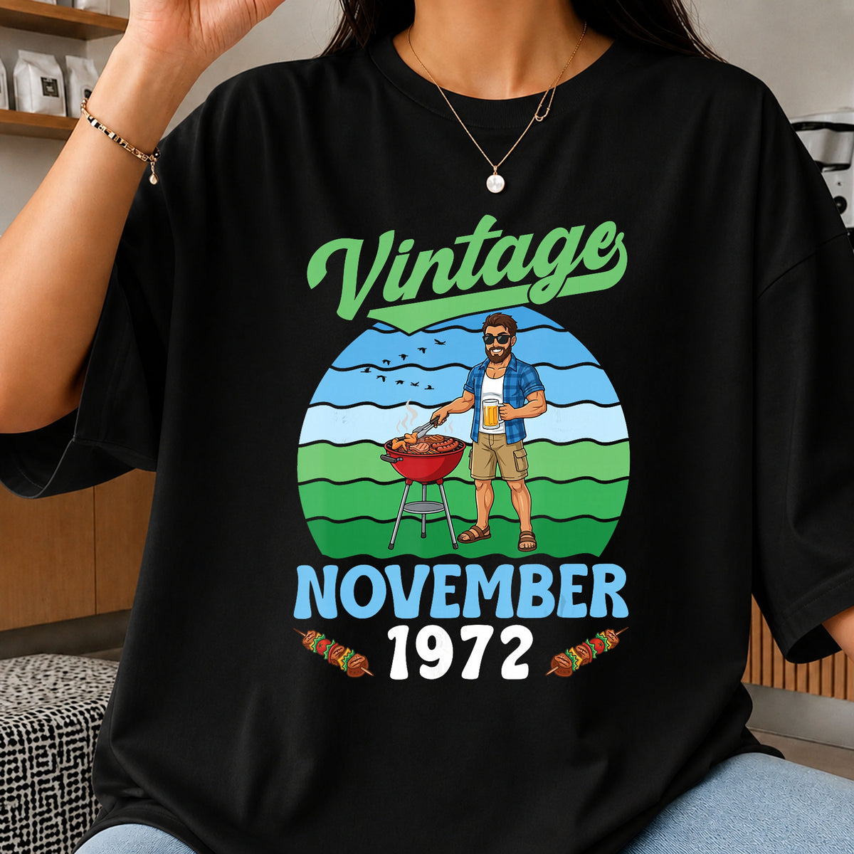 Vintage November 1972 BBQ Man Beer Retro Birthday PNG