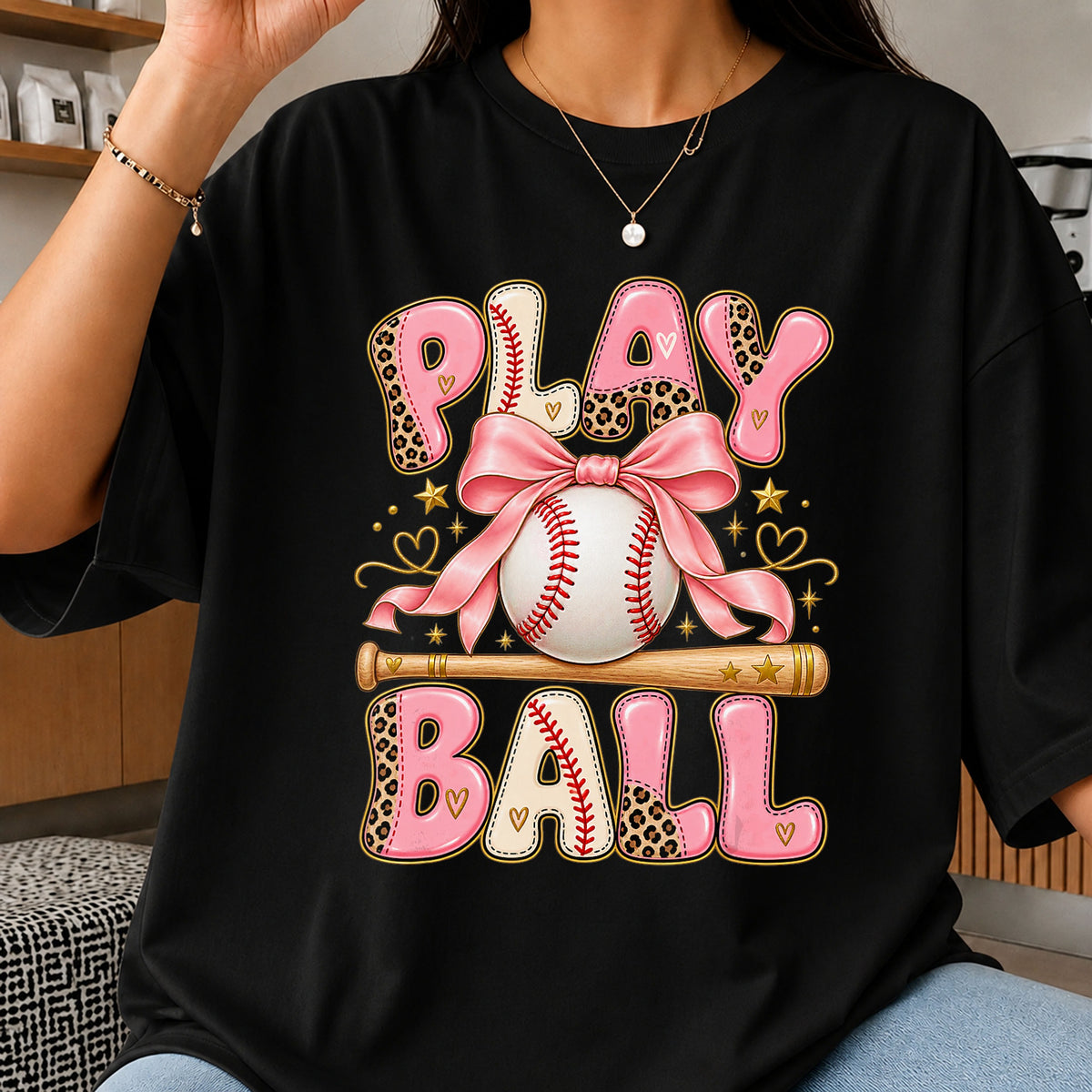 Play Ball Baseball Coquette Bow Leopard Print PNG