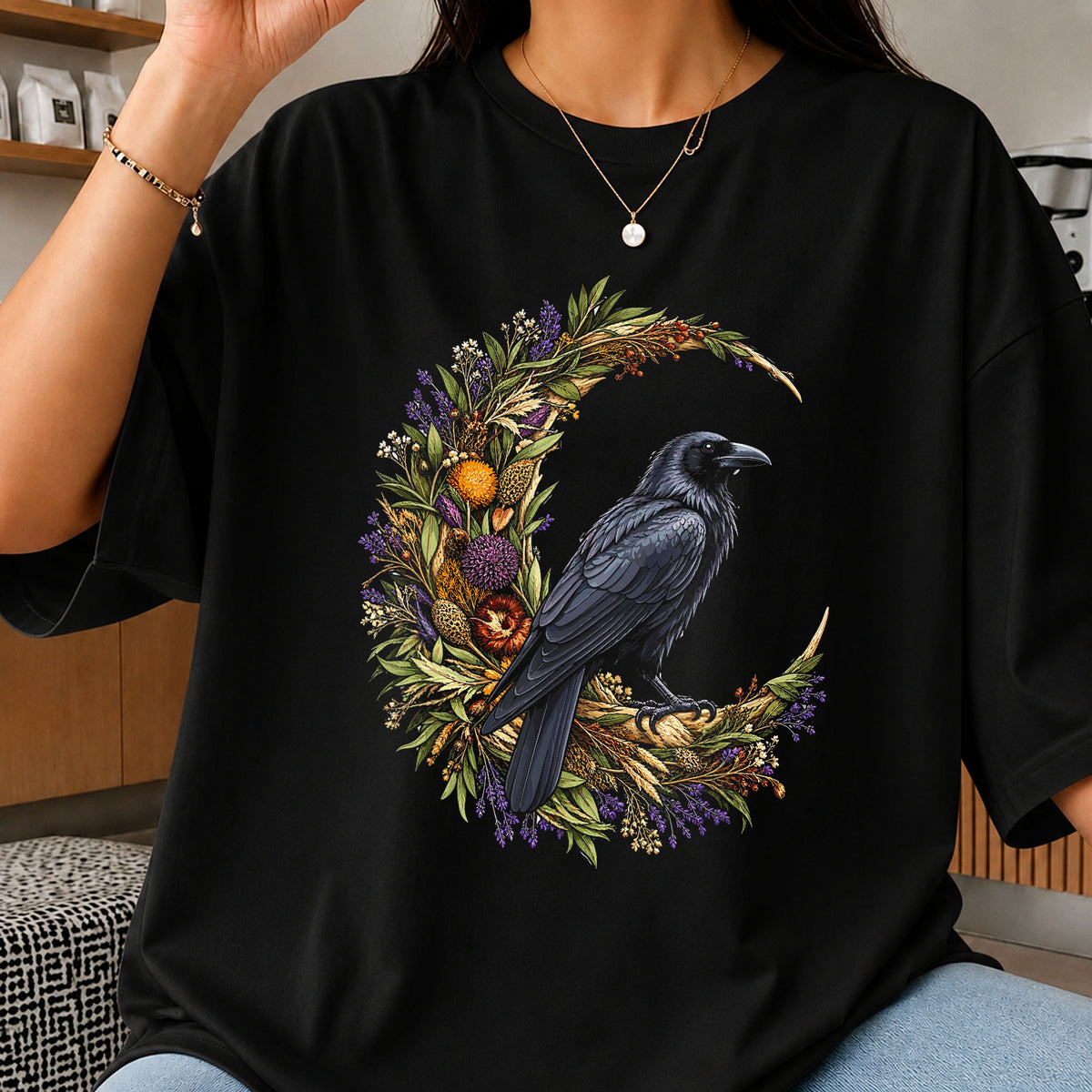 Raven Floral Crescent Moon Botanical Witchy Clipart PNG