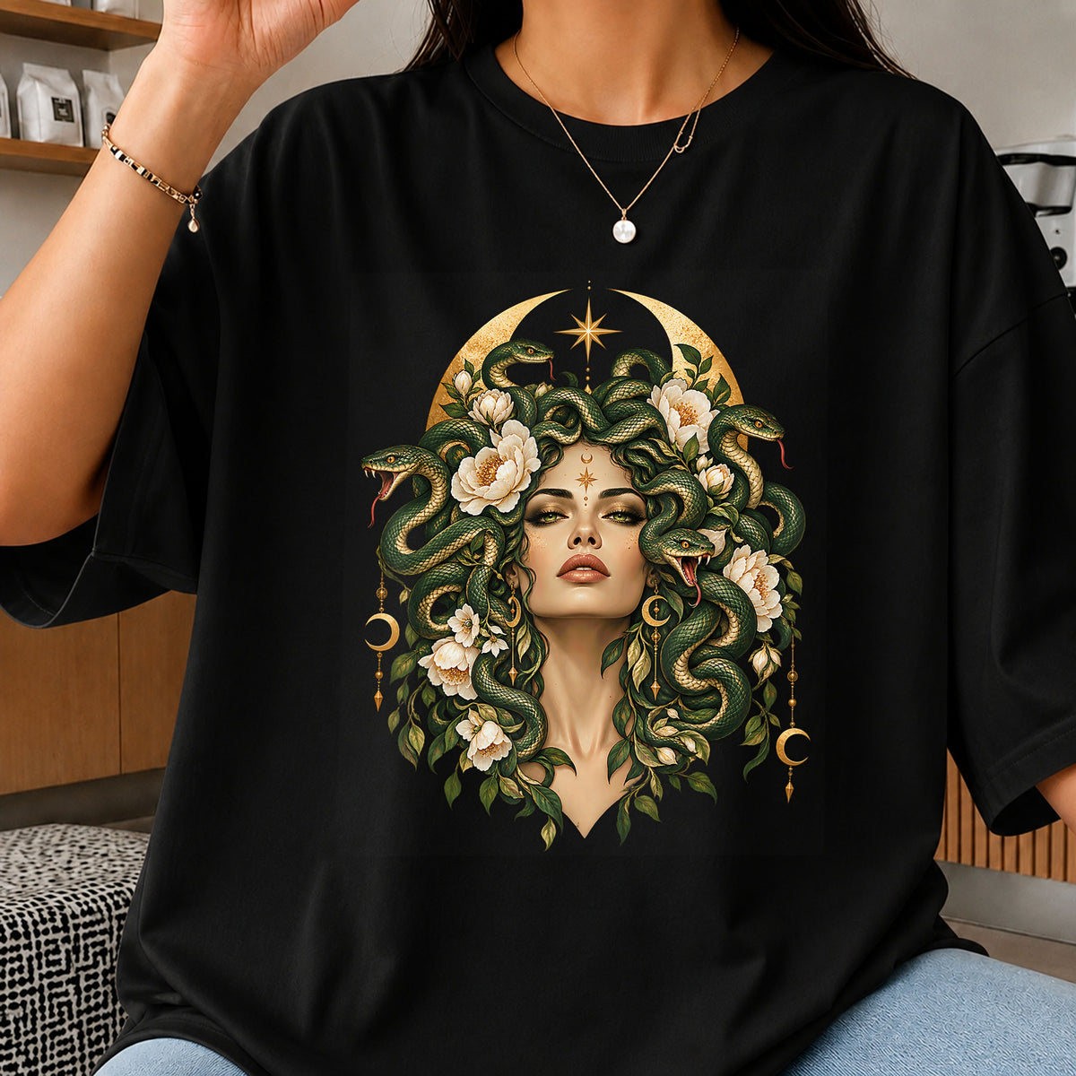 Medusa Floral Moon Snake Hair Goddess Portrait PNG