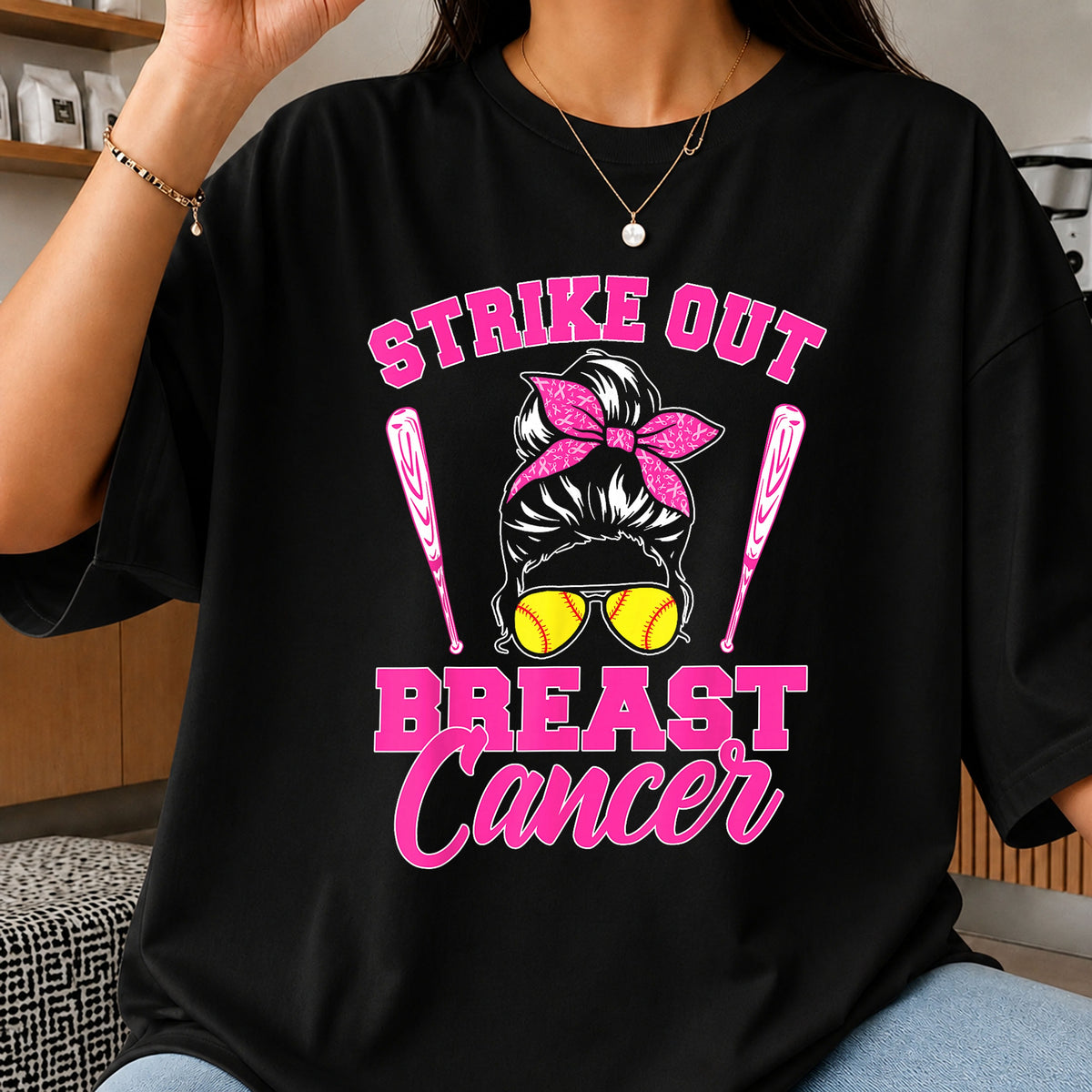 Strike Out Breast Cancer Messy Bun Softball PNG
