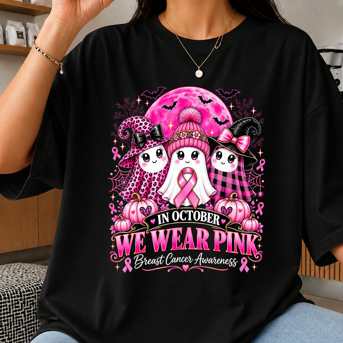 In October We Wear Pink Breast Cancer Ghost Halloween PNG