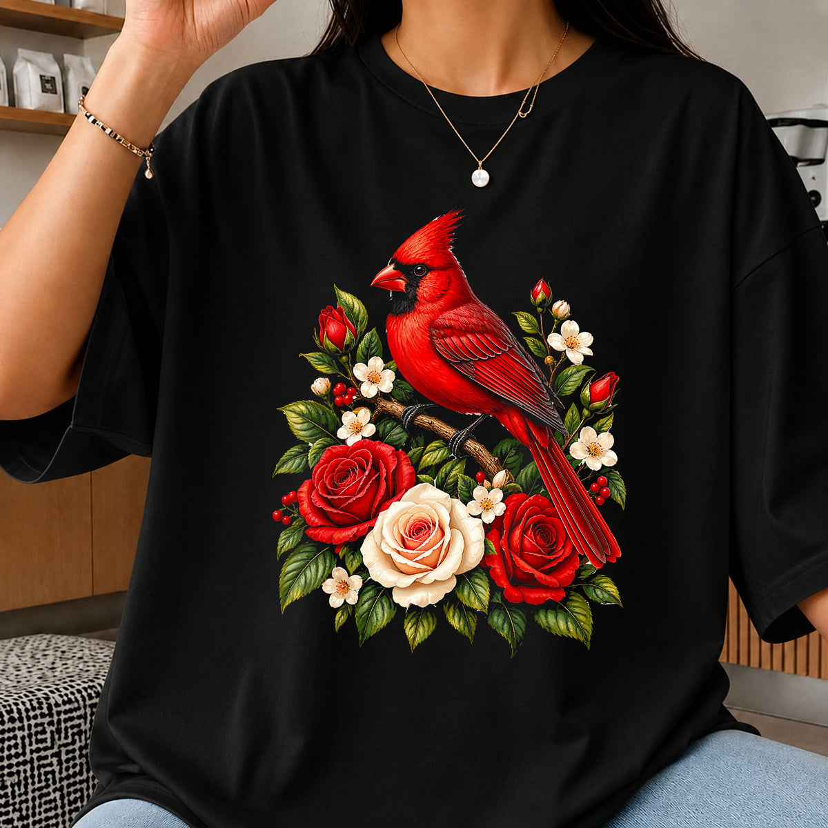 Red Cardinal Bird Roses Floral Branch Botanical PNG