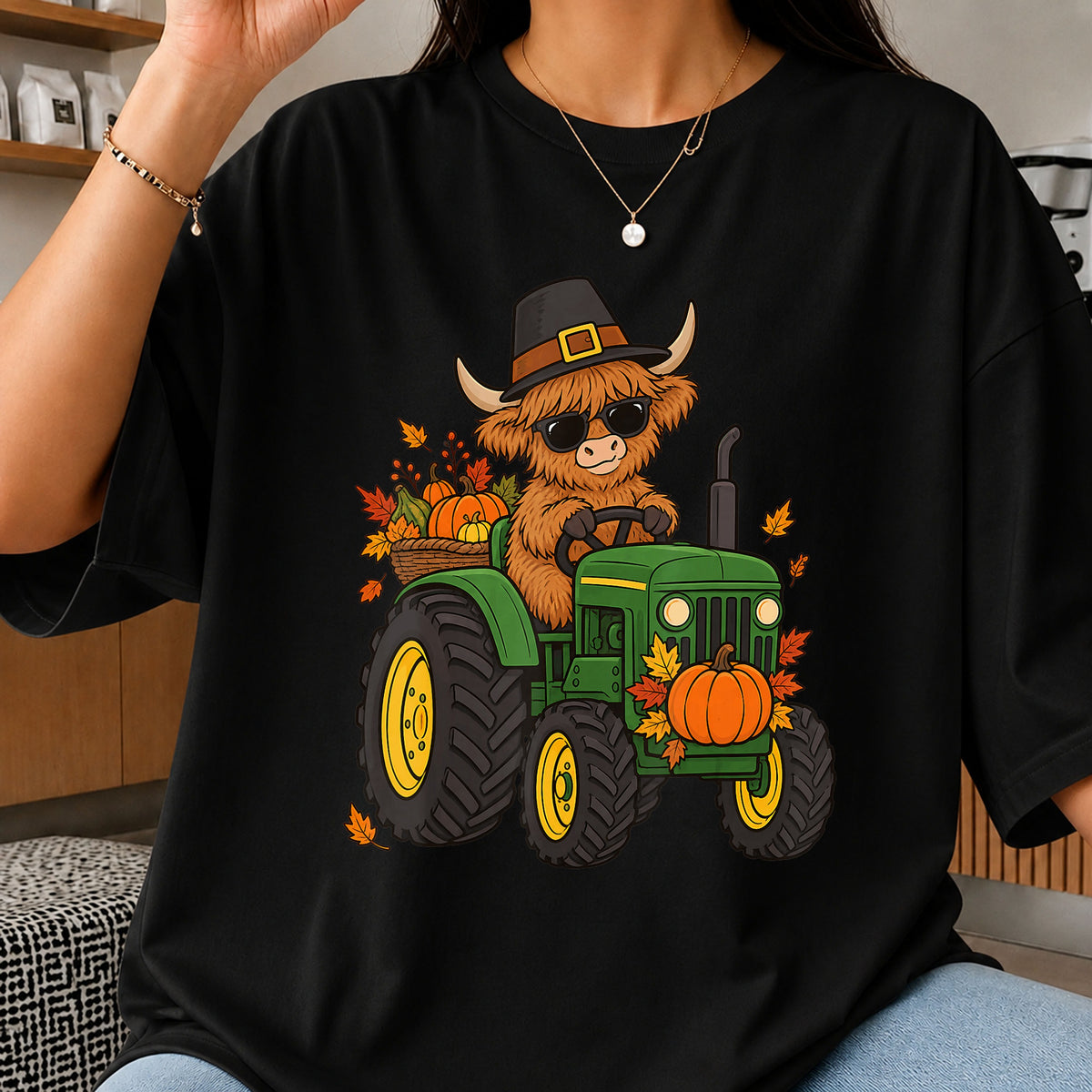 Highland Cow Pilgrim Tractor Thanksgiving Pumpkin PNG