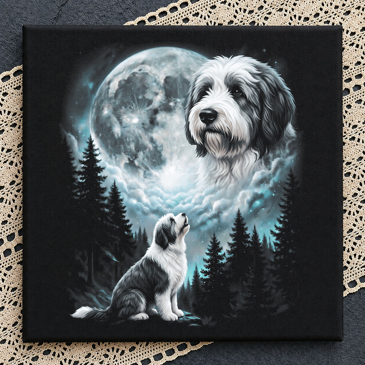Bernedoodle Moon PNG, Dog Moon Night Forest, Doodle Dog PNG