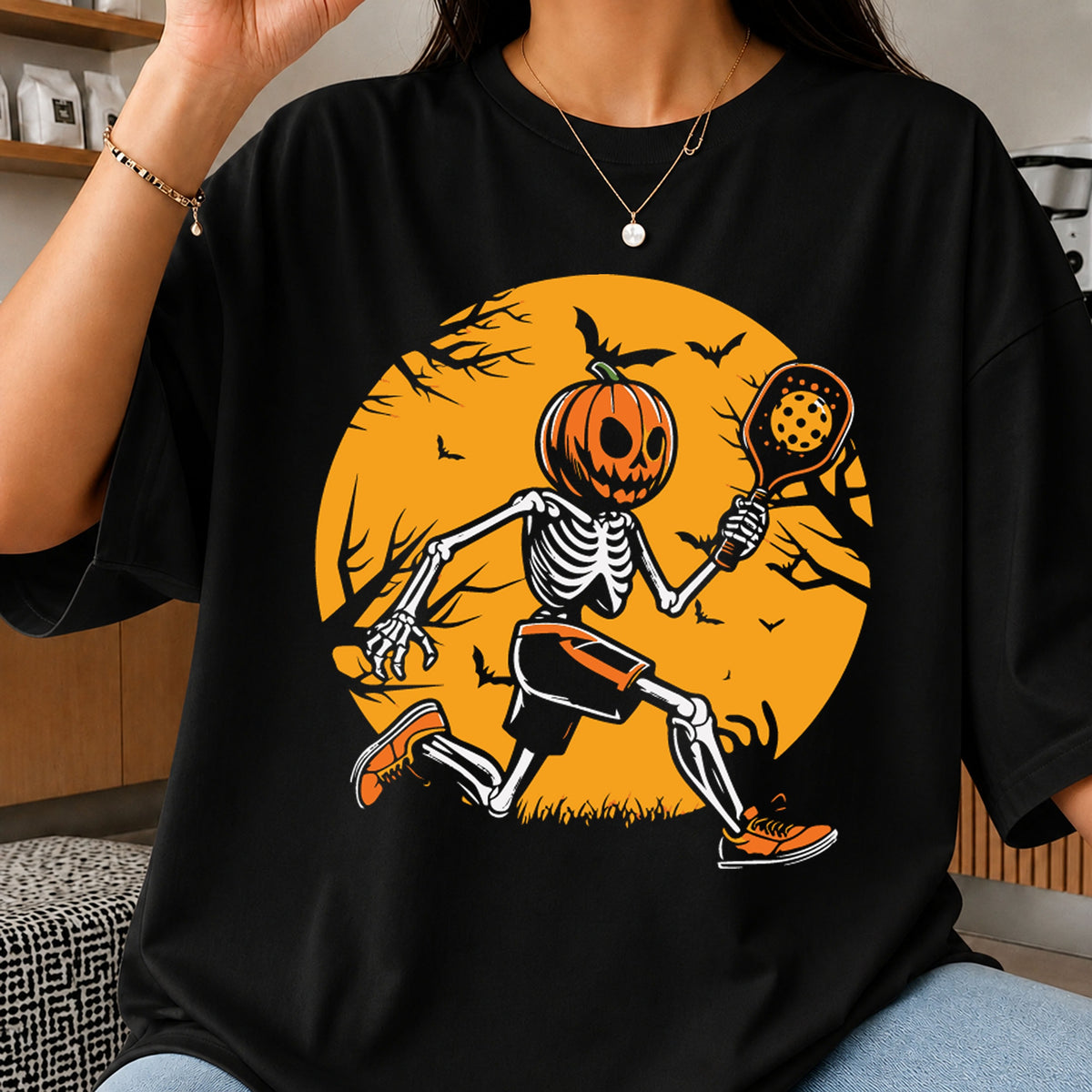 Pumpkin Head Skeleton Pickleball Halloween PNG