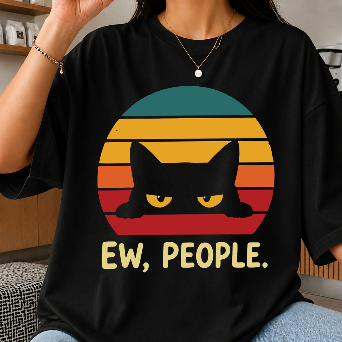 Ew People Grumpy Black Cat Retro Sunset Clipart SVG