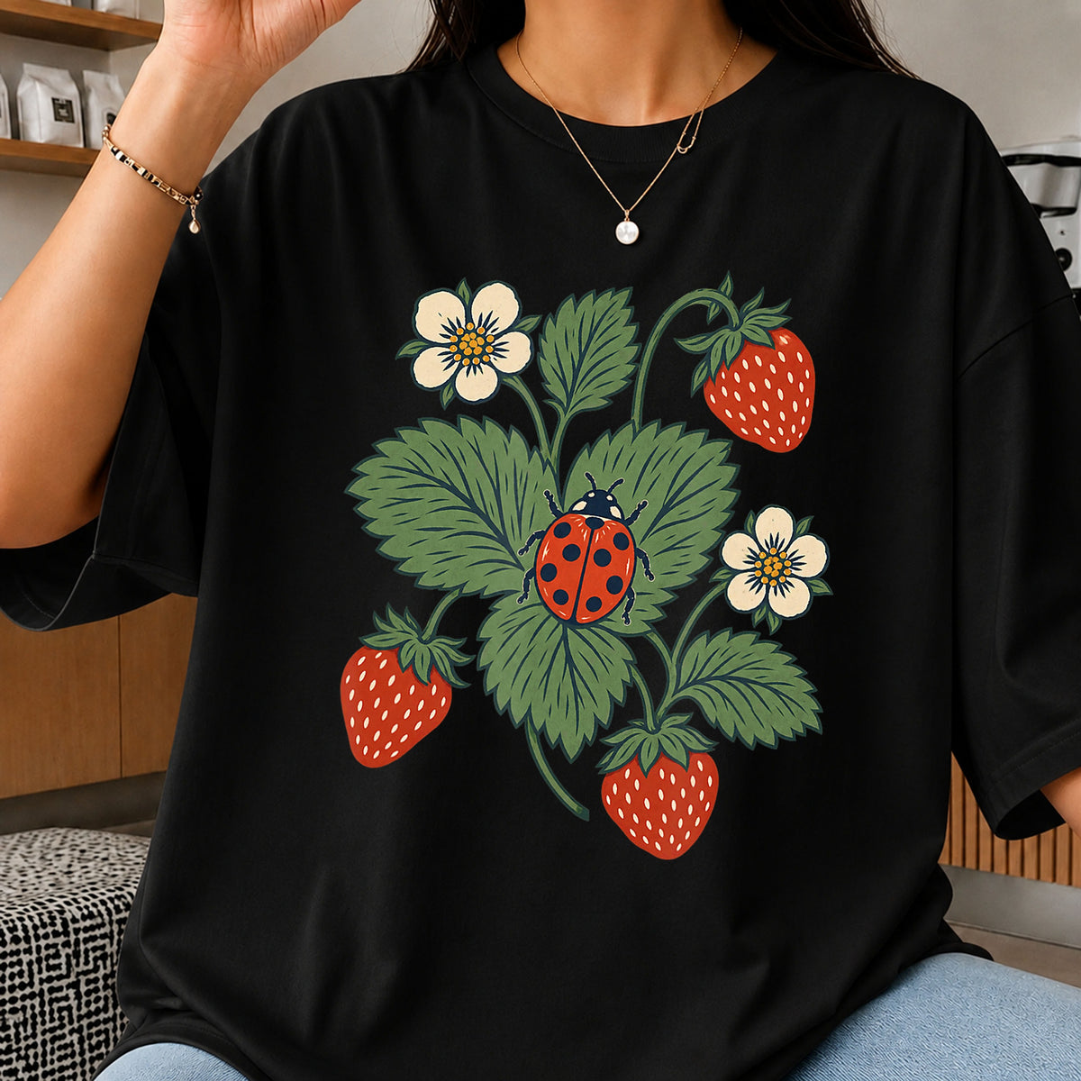 Ladybug Strawberry Plant Botanical Floral Clipart PNG