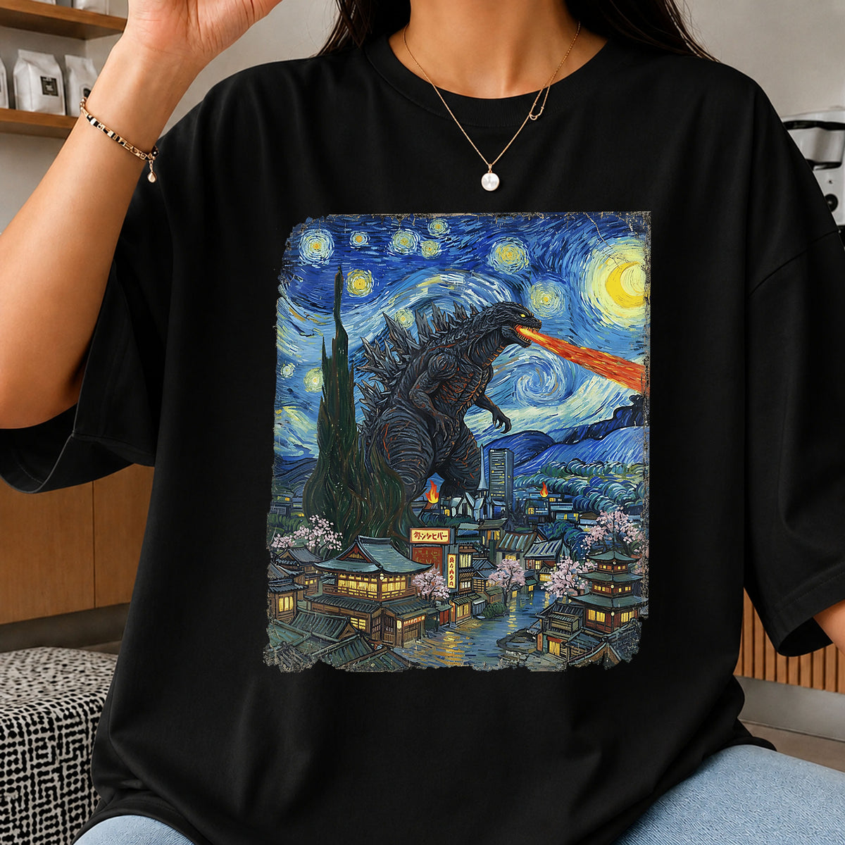 Godzilla Starry Night Van Gogh Japanese City PNG