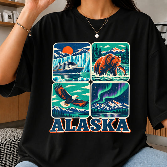 Alaska Cruise Bear Eagle Northern Lights Retro PNG