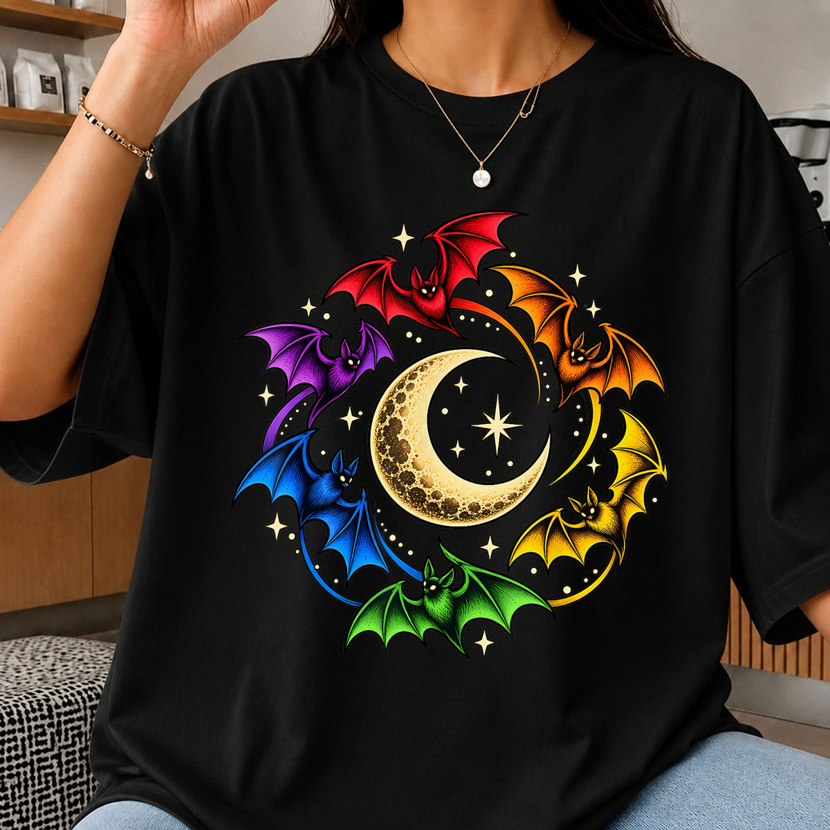 Rainbow Bats Crescent Moon Celestial Halloween PNG