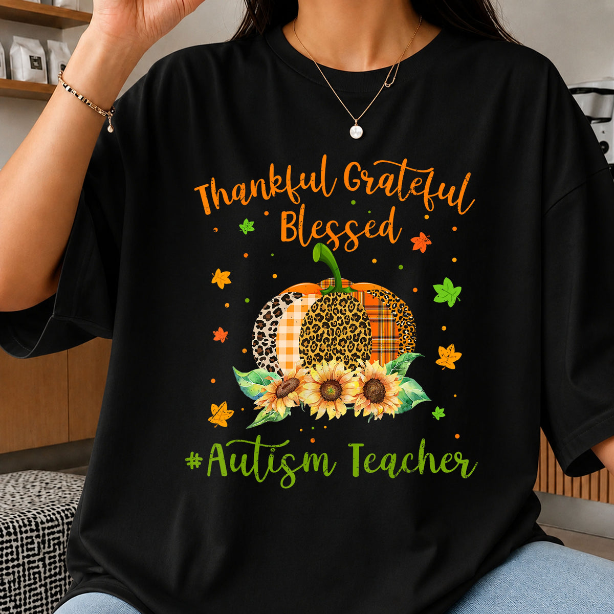 Thankful Grateful Blessed Autism Teacher Pumpkin PNG
