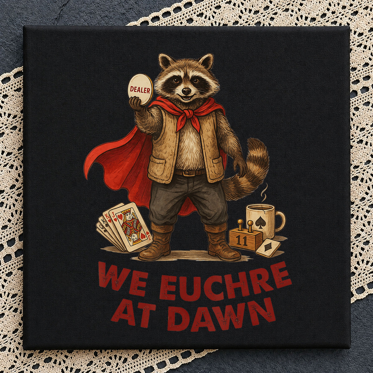 We Euchre At Dawn Raccoon Clipart, Red Cape Dealer Card Game, Neon v8