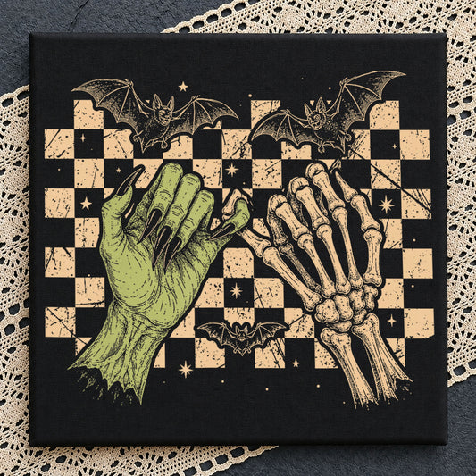 Witch Hand Skeleton Fist Bump PNG, Halloween Bat PNG, Checkered PNG